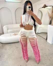 Women's Two Piece Pants Color-Changing Tassel Knitted Two-Piece Set - Sexy Hollow Out Sleeveless Crop Top And For Summer Beach Wear