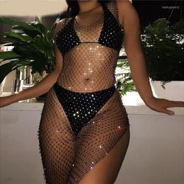 Casual Dresses Rhinestone Fishnet Rave Sleeveless V Neck See Through Nightclub Women Sexy Fancy Dress Carnival Festival Outfits Vestido