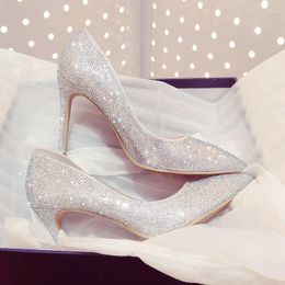 Dress Shoes High Heels Wedding Women Diamond Pumps Low Heel 6cm Crystal Rhinestone Pointed Toe Glitter Party
