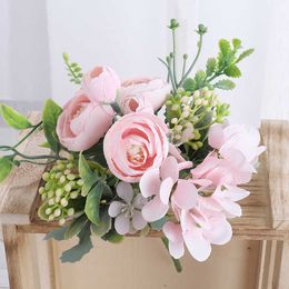 Dried Flowers Silk Hydrangea Artificial Tea Rose Bouquet For Home Decoration Accessories Wedding Decorative Fake Flower