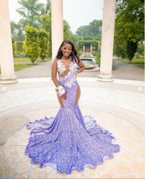 Lilac Sequins Mermaid Aso Ebi Prom Party Dresses For Black Girl Sheer Neck Plus Size Beaded Evening Ocn Gowns