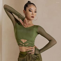 Stage Wear Latin Dance Tops Long Sleeves Sexy Mesh Hollow Out Costume Women Cha Rumba Practice Green BL9525