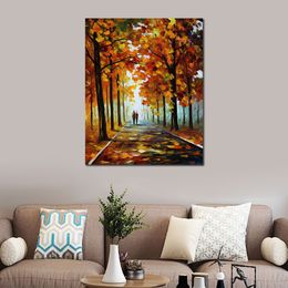 Modern Impressionist Canvas Wall Art Bronze Fall Hand Painted Street Landscape Painting for Apartment Decor