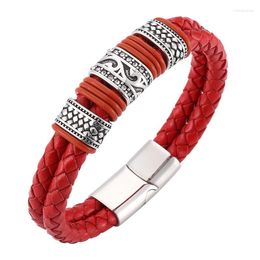 Charm Bracelets Trendy Men Bracelet Red Genuine Leather Stainless Steel Double Layer Braided Homme Jewelry Bileklik PD0096