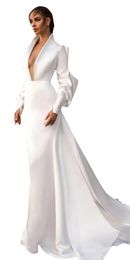 Elihav Sasson Satin Wedding Dresses Deep V Neck Long Sleeve Garden Sweep Train Plus Size Wedding Dress Bridal Gowns