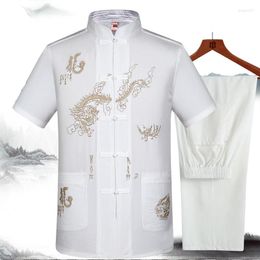 Ethnic Clothing Tang Costume Men's Short-Sleeve Suit Casual Traditional Cotton Linen Coat 2PCS Kong Fu Chinese Hand Button Tai Chi
