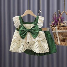 Clothing Sets Floral Bow Girls Sleeve Tops Shorts 2Pcs Summer Children Clothes Kids Girl Square Collar Lace Patchwork T-shirts Suit