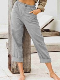 Women's Pants Capris 2023 Summer Cotton Linen Women's Long Pants Black Pockets Button Loose Pants Female New Casual Elegant Fashion Ladies Bottom