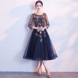 O-Neck Evening Long Gowns Elegant Womens Party Dress Flower Mid-Calf Banquet Qipao Lady Wedding Cheongsam Retro Vestido