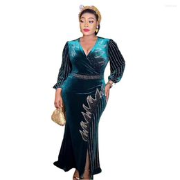 Ethnic Clothing African Wedding Party Dresses For Women Summer Elegant Long Sleeve V-neck Velvet Green Blue Dress Maxi L-2XL