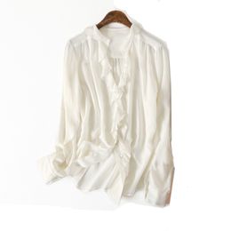 100% natural silk Blouses V neck white Long Sleeve Real Silk Blouse Tops with ruffles for women Office Wear Shirts work