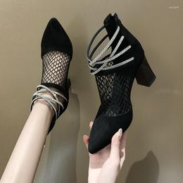 Dress Shoes Ladies Sandals 2023 Mesh Breathable Sequins Sexy High Heel Pointed Toe Thick Zipper Women's Boots Zapatos De Mujer