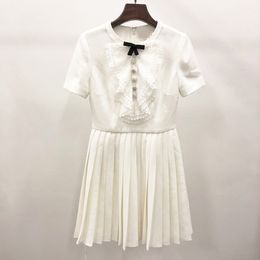 Casual Dresses S-elf Portrait White Bow Lace Sweet Pleated Dress