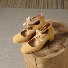 Dress Shoes Hollow Riband Cross-tied Zapatos Back Zipper Suede Pumps Solid Chunky High Heels Square Toe Women Cozy Elegant Escarpins