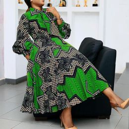 Ethnic Clothing Plus Size 3XL Women African Dress Green Print Evening Gowns Long Sleeve Formal Party High Waist Dinner Kaftan