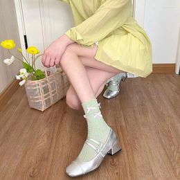 Women Socks Kawaii Bow Macaron Colored Stockings Jk Thin Summer Fashion Japanese Twist Wood Ear Mesh Y2K Women's Mid-tube Ballet