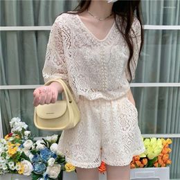 Women's Tracksuits Fashion Cut Out Top Lace Shorts Wide Leg Loose V Neck Beaded Blouse Spring Womens Two Peice Sets OL Shirts Korean Style