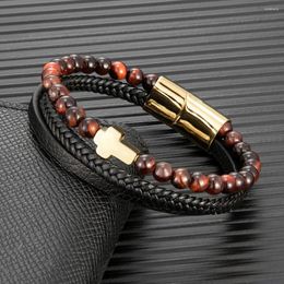 Charm Bracelets MKENDN Multilayer Leather Classic Cross Natural Stone Beaded Bracelet Gold Plated Stainless Steel Magnetic Clasp