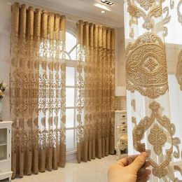 Curtain High-end Luxury European-style Large Hollow Villa Coffee-colored Curtains Embroidery Yarn