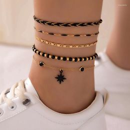 Anklets 5pcs/Set Bohemian Woven Rope Foot Chain For Men And Women Geometric Alloy Black Beads Dropping Oil Anklet Set 23411