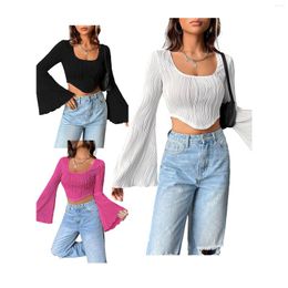 Women's Tanks Women's Textured Crop Tops Long Sleeve Scoop Neck Hanky Hem Solid Colour Slim Fit T-Shirt Streetwear