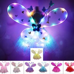 Skirts 4PcsSet Kids Girls Fairy Clothes Flashing LED Tutu Glowing Stick Wing Hairband Party Roleplaying Props Dance Wear 230614