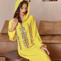 Ethnic Clothing Muslim Dress Women Bright Yellow Diamonds Hooded Dresses Spring Middle East Long Robe De Moda Musulmana Abayas For Turkish