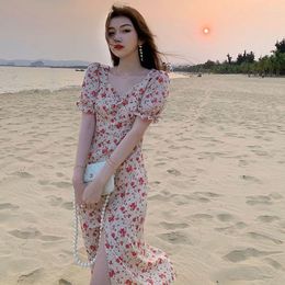 Casual Dresses Women's Summer Split Bodycon Retro Square Collar Floral Leisure Midi Dress