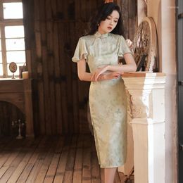 Ethnic Clothing Elegant Light Green Floral Print Qipao Dress Modern Chinese Traditional Women Mandarin Collar Cheongsam