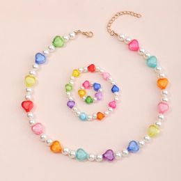 Necklace Earrings Set Colourful Candy Heart Shape Beads Chain For Girls Cute Personality Handmade Pearl Rings Bracelet Jewellery