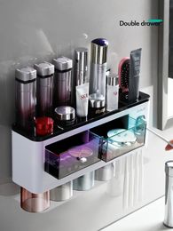 Toothbrush Holders Toothbrush Holder Wall-Mounted Bathroom Accessories Punch-Free Storage Box Toothpaste Squeezer For Bathroom with cups 2 Colours 230613