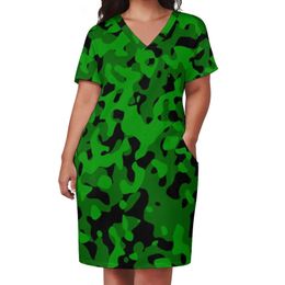 Plus size Dresses Green Camouflage Dress Size Abstract Design Print Street Fashion Casual Female Summer V Neck Modern Gift 230613