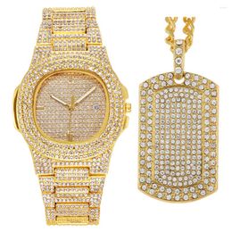 Wristwatches Watch Necklace For Men 2pcs/set Luxury Iced Out Bling Fashion Chains Pendant Jewelry Gold Relojes Groomsmen Gift