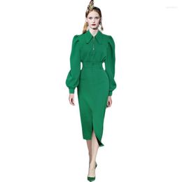 Work Dresses Spring Summer Women Clothing 2Pcs Set Turn-Down Collar Lantern Sleeve Zipper Shirt High Slit Green Midi Skirt