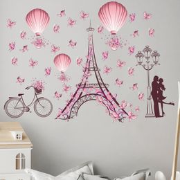 Cartoon Pink Eiffel Tower Bicycle Lovers Butterfly Wall Sticker Couple Lovers Under Street Lights Stickers Home Decor Modern