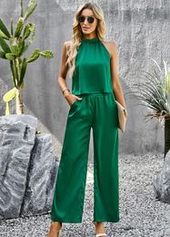 Women's Two Piece Pants 2023 Spring Elegant Chic Solid Wide Leg Sleeveless Pant Sets Casual Fashion Loose Office Lady Women's Outfits