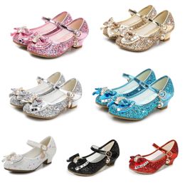 Sneakers Kids Girls Leather Shoes Children Baby Princess Bowknot Sequines High Heel Dancing Pricness 230613