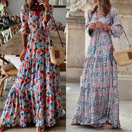 Basic Casual Dresses Women Fashion Print V Neck Maxi Dress Tunic Tie Long Sleeve Casual Long Vestidos Beach Holiday Sundresses Robes 230614