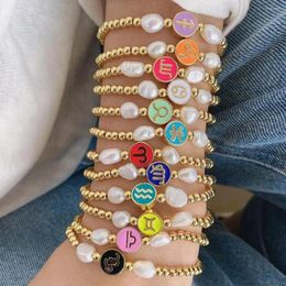 Link Bracelets 5Pcs Gold Plated Colorful Fashion Round Twelve Zodiac Spacer Beads Pearl Copper Elasticity Bracelet Jewelry
