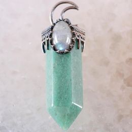 Pendant Necklaces Natural Stone Green Aventurine Hexagon Antique Crown Half Moon Necklace Women Men Healing Jewelry 1Pcs K795