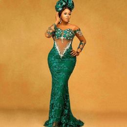 Aso Ebi Lace Mermaid Prom Dresses Green Appliques Long Sleeves Illusion Sexy Evening Gowns African Special Occasion Wear 2023