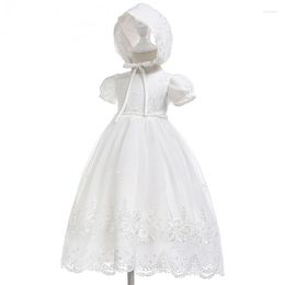 Girl Dresses 2PCS Summer In Baby Girls Clothes Set Mesh Short Sleeve White Wedding Baptism Birthday Princess Long Dress Hat BC610