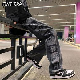 Men's Jeans Panelled Black Jeans Man Designer Straight Baggy Pants Vintage Korean Streetwear Y2k Fashion Wide Leg Punk Casual Denim Trousers 230613