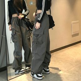 Women's Jeans Women Cargo Pants High Waist Vintage Grey Loose Streetwear Baggy Jeans Retro Sporty Pockets Wide Leg Y2K Denim Trousers Overalls 230613