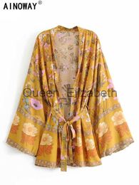 Casual Dresses Vintage Chic Women Floral Print Sashes Bat Sleeve Rayon Beach Bohemian Kimono Dress Ladies V Neck Summer Boho Bikini Cover-ups J230614