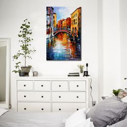 Vibrant Street Art on Canvas Canal in Venice Handmade Contemporary Oil Painting for Living Room Wall