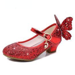 Sneakers Fashion Girls Party Dance Shoe Princess Butterfly Leather Shoes Kids Diamond Bowknot High Heel Children Girl Glitter 230613