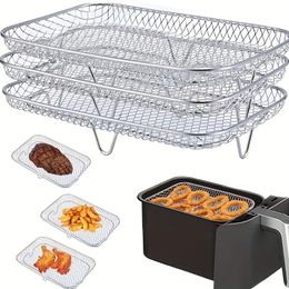 1pc/1set Air Fryer Accessories, Three Layer Square Grill Rack, Steam Rack, Stainless Steel Stackable Rack, Dehydration Rack, Barbecue Basket