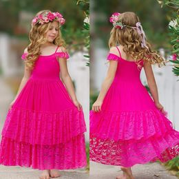 Rosy Pink Flower Girls Dresses Spaghetti Tiered Lace Skirt A Line Wedding Flower Girl Host Birthday Dress