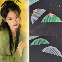 Retro Flower Half Round Comb Imitation Jade Acetic Acid Insert Comb Hanfu Headdress Hair Comb Ancient Accessories